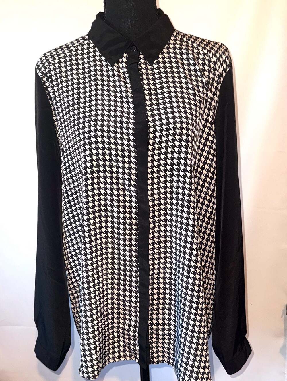 Elementz Houndstooth Colorblock Roll-Tab Sleeve Blouse Size L